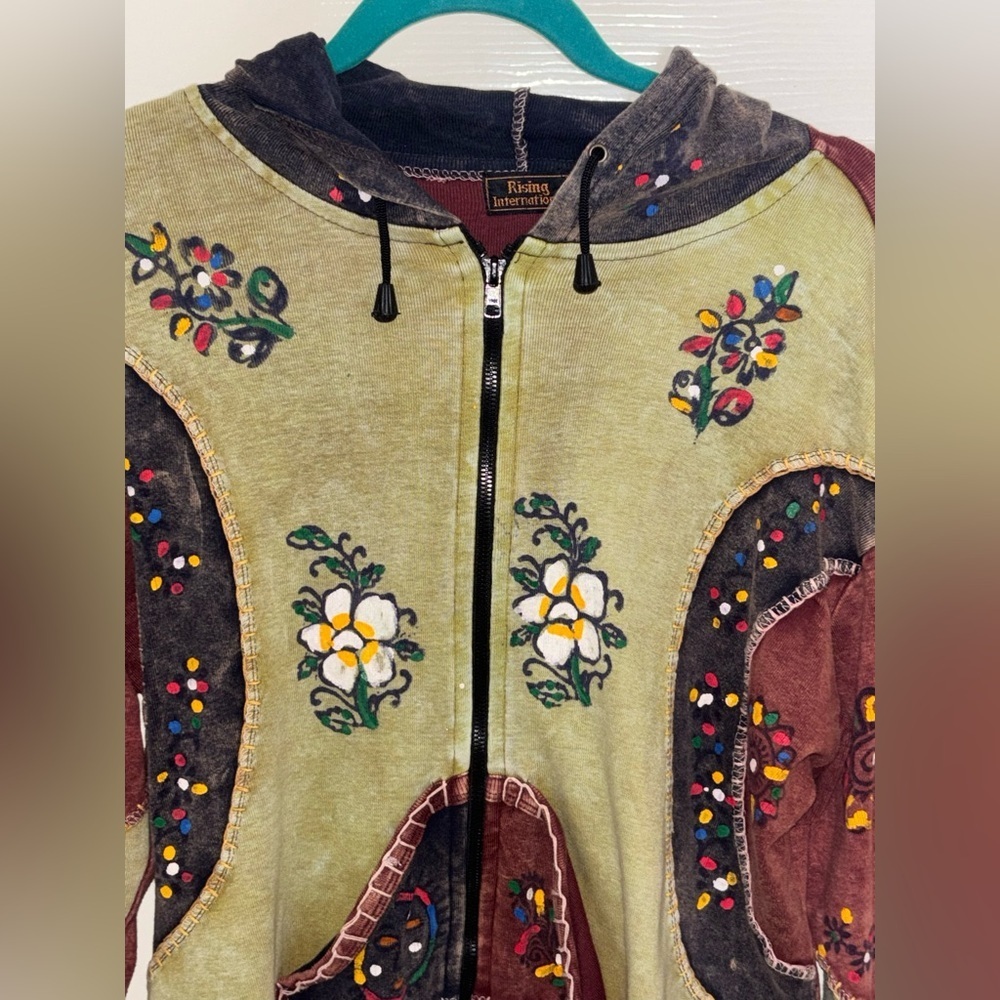 Rising International Boho Patchwork Hippie Zip Up Hoodie Jacket Nepal Size L​​ - Picture 9 of 10